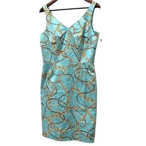 NEW TAHARI Aqua Blue gold chains Dress Size 8